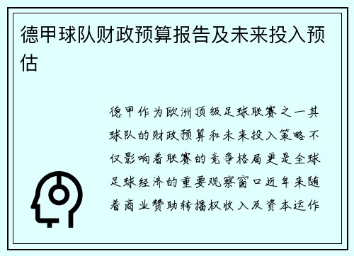 德甲球队财政预算报告及未来投入预估